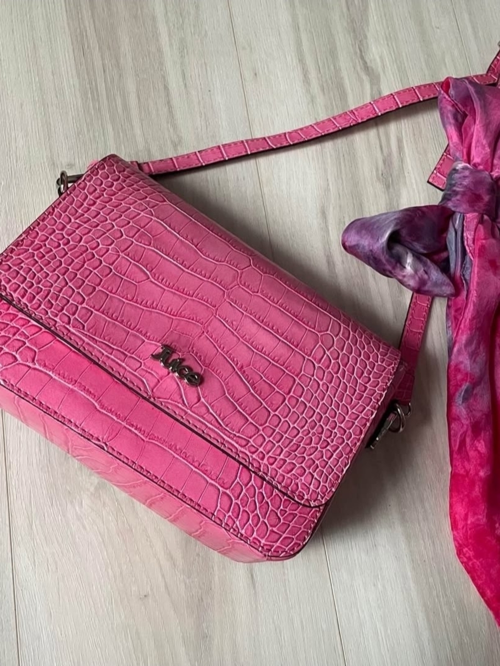 Pink Croc-Embossed Crossbody Bag